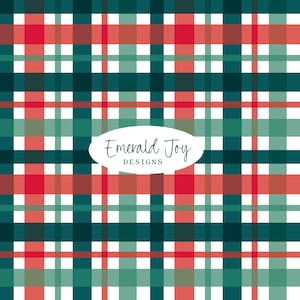 May include: A repeating plaid pattern featuring intersecting horizontal and vertical stripes in shades of dark green, light green, red, and white. Centered on the image is a white oval label containing the black text Emerald Joy DESIGNS.
