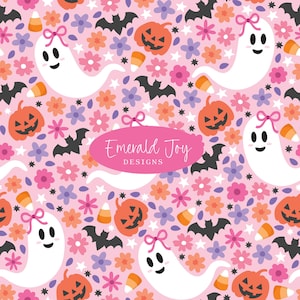 May include: A pink Halloween pattern with white ghosts wearing pink bows, orange pumpkins, black bats, candy corn, and flowers. The text "Emerald Joy Designs" is in a pink oval.