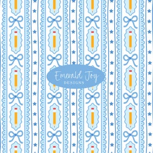 May include: A repeating pattern featuring pencils, bows, and stars in shades of blue and yellow on a white background. The design includes vertical stripes with scalloped edges and a central oval with the text "Emerald Joy DESIGNS".