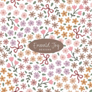 May include: A floral pattern featuring a variety of flowers in shades of pink, peach, and lavender, along with green leaves and red bows, set against a white background. The text "Emerald Joy DESIGNS" is displayed in a brown oval.