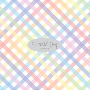 May include: A pastel plaid pattern in shades of pink, orange, yellow, green, blue, and purple. The design features intersecting diagonal lines, creating a checkered effect. The text "Emerald Joy DESIGNS" is in a gray oval.