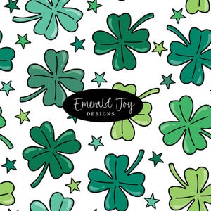 May include: A repeating pattern of four-leaf clovers and small stars in various shades of green on a white background. A black oval in the center features the white text Emerald Joy DESIGNS. The clovers and stars have bold black outlines.