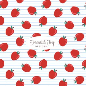 May include: A repeating pattern of bright red apples with small green stems arranged on a white background featuring thin, horizontal light blue stripes. A central white label displays the text Emerald Joy DESIGNS in black lettering.