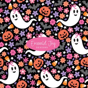 May include: A Halloween-themed pattern featuring white ghosts with pink bows, orange jack-o'-lanterns, candy corn, and various flowers in pink, orange, and purple on a black background. The text "Emerald Joy Designs" is in a pink oval.