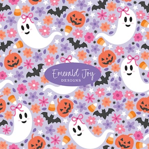 May include: A repeating pattern featuring cartoon ghosts with pink bows, jack-o'-lanterns, bats, candy corn, and flowers in shades of orange, pink, and purple. The text "Emerald Joy Designs" is in a purple oval.