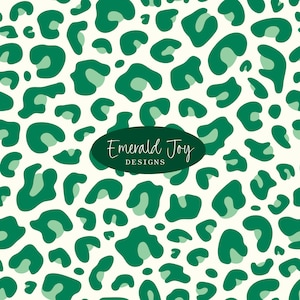 May include: A repeating pattern of green leopard spots on an off-white background. The design includes a dark green oval with the text "Emerald Joy DESIGNS" in white script.