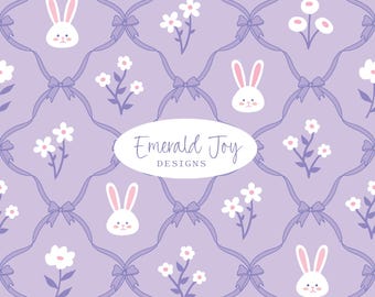 Spring Easter Pink and Purple Bunny Bow Floral Trellis Seamless Repeat Pattern, Preppy Pastel Coquette Fabric Design (Digital Download)