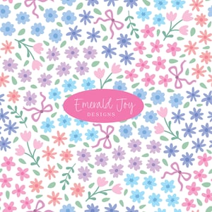 Coquette Pink Blue Ditsy Floral Pattern Seamless Repeating Fabric Design, Cute Pastel Spring Summer Wildflower Cottagecore Fabric Design (Descarga digital)