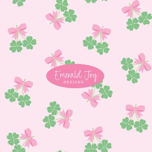 May include: A repeating pattern of green four-leaf clovers with pink bows on a light pink background. The text "Emerald Joy Designs" is in a pink oval in the center of the image.