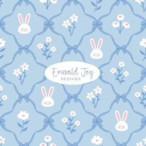 May include: A light blue pattern featuring white bunnies, white flowers, and blue bows. The design is arranged in a grid-like pattern. The text "Emerald Joy DESIGNS" is in a white oval in the center.
