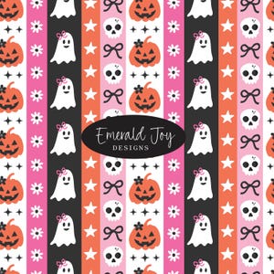 May include: A Halloween-themed pattern with vertical stripes in pink, black, orange, and white. The design features jack-o'-lanterns, ghosts with bows, skulls, stars, bows, and daisies. The text "Emerald Joy Designs" is in a black oval.