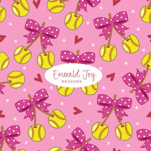 May include: A pink pattern featuring yellow softballs with brown stems and pink bows with white stars. Red hearts and white star shapes are scattered across the background. The text "Emerald Joy DESIGNS" is in a white oval.