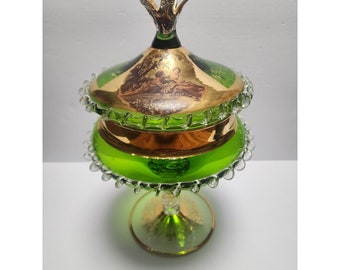 Emerald Green Victorian Style Lidded Dish Rigeree Gold Guilded Venetian Murano