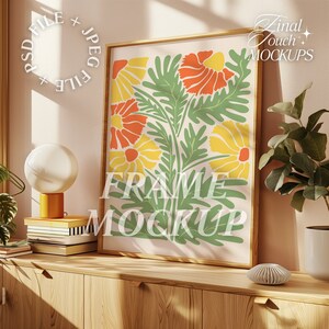 Mid Century Modern Frame Mockup PSD Smart Object Vertical Print Mockup Wood Frame Mockup Natural Sunlight Mockup Digital Poster Mockup