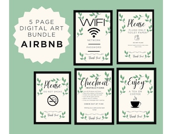 Ensemble de 5 pages d'art numérique pour hôtes Airbnb, décoration d'art murale Airbnb imprimable, règles Airbnb, liste de contrôle Airbnb et instructions