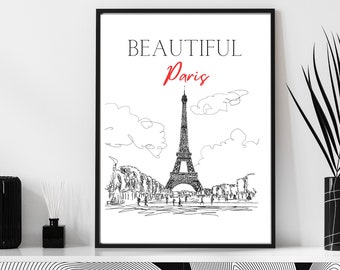 Eiffel Tower Paris Digital Print, Printable Drawing Wall Art Decor, Eiffel Tower France Home Decor, Black and White Monochrome Decor