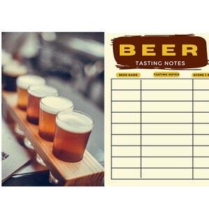 May include: A printable beer tasting notes sheet with a brown and yellow color scheme. The sheet has columns for beer name, tasting notes, and score. The image also shows a close-up of a wooden tray with four glasses of beer.