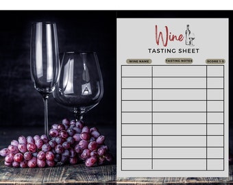 Peut inclure: Une feuille de dégustation de vin imprimable avec le titre "Feuille de dégustation de vin" et des colonnes pour le nom du vin, les notes de dégustation et la note de 1 à 5.