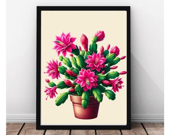 Christmas Cactus Digital Wall Print, Printable Succulent Sclumbergera Plant Lover Wall Decor,Colorful House Plant Instant Print
