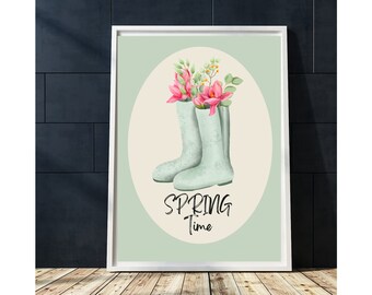 Frühling grüne Regenstiefel Blumendruck, digitale Wand Frühlingsdekor Regenstiefel Druck, Bauernhaus, Gartenwanddekor druckbare, Regenstiefel Blumenstrauß