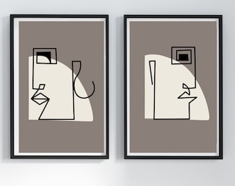 Impresión de arte de cara abstracta de arte de una sola línea, minimalista, conjunto de 2 damas, retrato de hombre, decoración moderna del hogar, decoración de pared de dibujo de línea contemporánea
