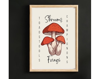 Vintage Mushroom Botanical Print, Cyfrowa sztuka ścienna do druku, Ilustracja grzyba, Wystrój kuchni, Natychmiastowe pobieranie, Wydruk artystyczny grzyba