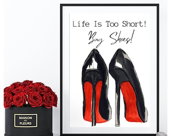 Art mural numérique à semelle rouge à talons hauts noirs, décor mural à talon aiguille noir imprimable, affiche de mode, décor mural de dressing, imprimé amateur de chaussures