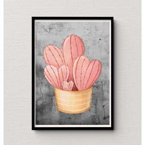 May include: A pink heart-shaped cactus plant in a yellow pot against a gray textured background.