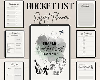 Op de afbeelding: Een digitale planner met een aquarel achtergrond en de tekst "SIMPLE Bucket List PLANNER". De planner bevat secties voor ervaringen, reizen, boeken en een voltooide bucketlist. De planner bevat ook pictogrammen van een luchtballon, een camera, een penseel, een viool en een wandelaar.