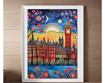 London Big Ben, Digital Abstract London Travel Print, London Travel Gift,London Travel Poster, Printable wall Art Decor Print