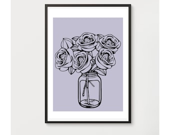 Lavanda rosa, Impresión de pared digital, Arte floral de rosas negras imprimible, Impresión de decoración floral, Descarga instantánea, Decoración de arte de rosa simple