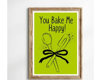 Green Modern Spoon& Baking Scraper, Black Bow, "You Bake Me Happy, Digital Wall Art, Cute Kitchen Printable Art, Baking Decor Art,