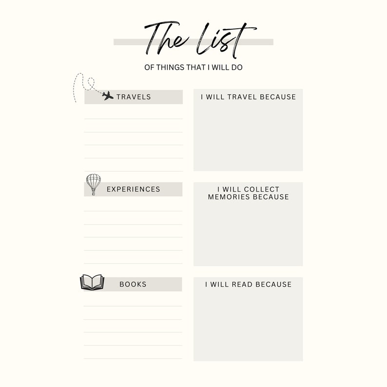 Bucket List Digital Simple Printable Planner, Travel Bucket List, Book Bucket List, Experiences