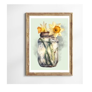 May include: A watercolor painting of a glass jar with a metal lid filled with yellow daffodils. The jar is sitting on a light green background with a watercolor effect.