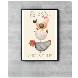 Stackable Chickens Wall Art, Folk Art Printable, Rise & Shine,Digital Download wall Art,Farmhouse Kitchen Decor, Rustic Chicken Print
