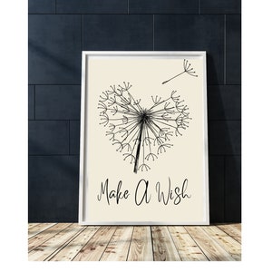 Dandelion Make a Wish digital wall Print, Printable Dandelion Art, Botanical flower wall decor,Inspirational home Decor wall art