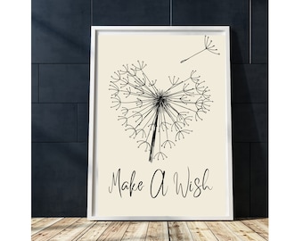 Dandelion Make a Wish digital wall Print, Printable Dandelion Art, Botanical flower wall decor,Inspirational home Decor wall art