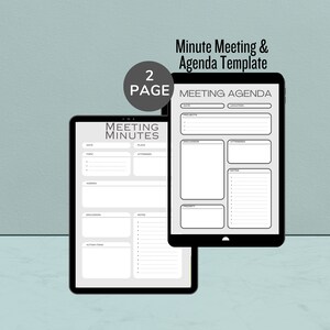 May include: A two-page printable meeting agenda and minutes template. The agenda page has sections for date, location, projects, discussion, attendees, and notes. The minutes page has sections for date, topic, place, attendees, agenda, discussion, notes, priority, and action items.