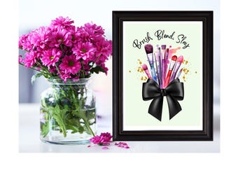Brush Blend Slay Wall art, Colorful Modern Makeup Brushes with Black Bow, Glam Beauty Digital Beauty Print, Vanity room, Salon Decor