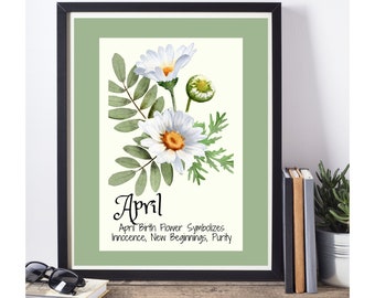 Daisy April Birth Month Printable Art, Digital download Flower wall art, April Flower Wall Decor Daisy Art