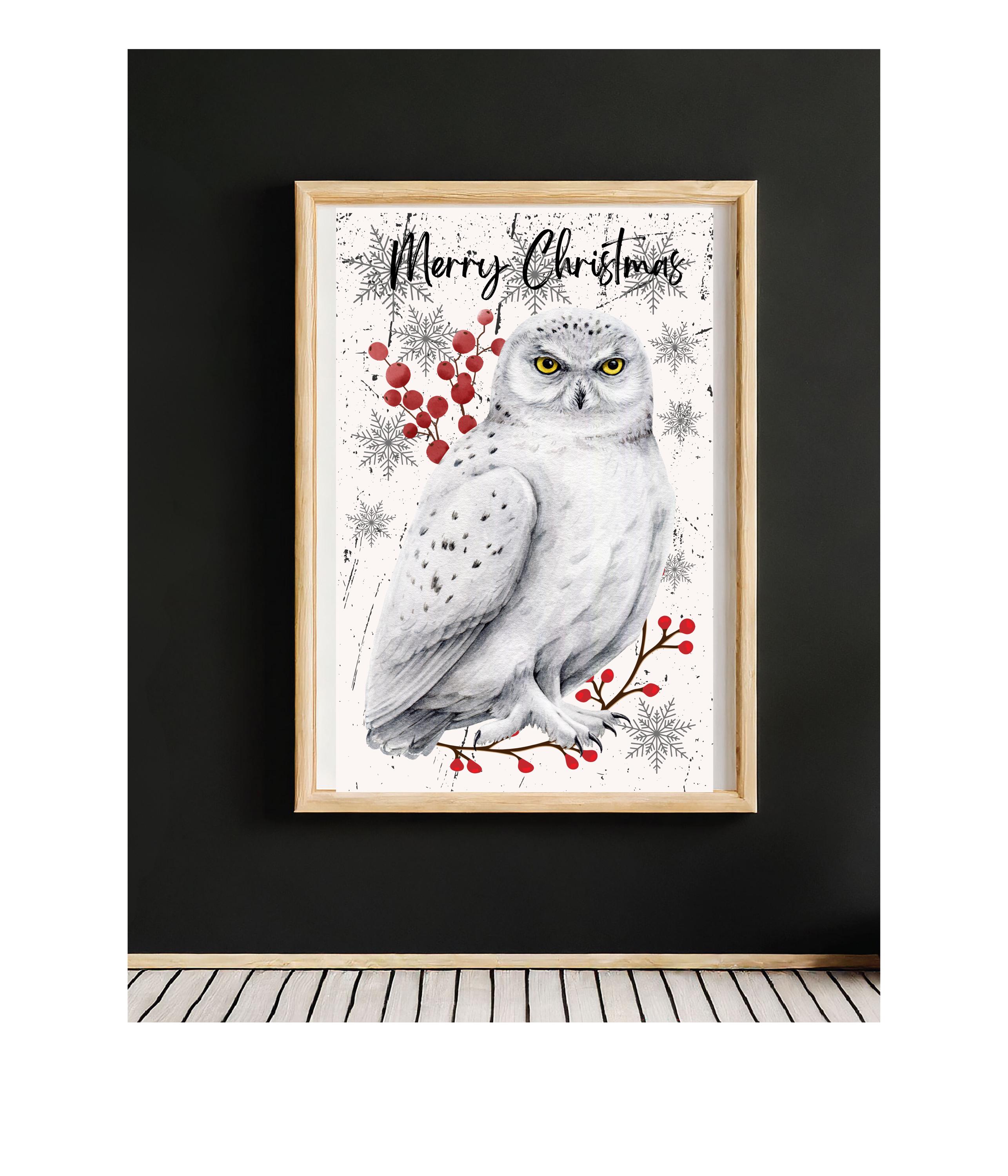 Snowy White Owl Winter Christmas Digital wall Art, Festive Holiday Decor, Seasonal Digital Download,