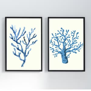 Blauwe zeewier koraal set van 2 digitale muurafdrukken, kustmuur afdrukbare kunst, Instant Download kustmuurkunst, strandhuis kunst aan de muur
