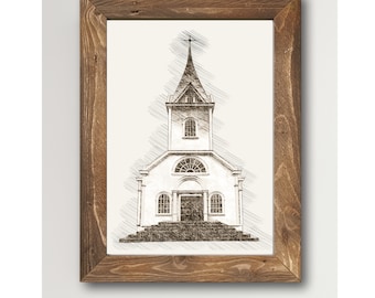 May include: A black and white sketch of a church building with a steeple, framed in a brown wooden frame.