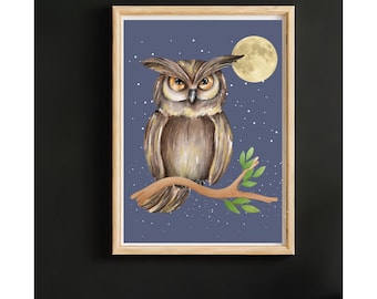 Owl moon Digital Print, Mystical Night Sky Wall Decor, Boho wildlife Art, Instant Download, Nursery Wall Decor Print, Woodland Decor