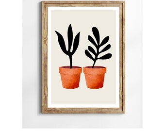 Modern 2 Terracotta Potted plants with Black Leaves, Contemporary Botanical Print, Mininmalist Home Decor, Digital Download
