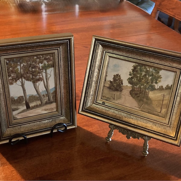 Pair of small vintage Australian landscape signed paintings. Professionally framed. A. Harris 1981
