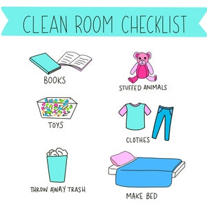 Kids clean room checklist printable, chores checklist, kids chore chart, kids chores printable, cleaning checklist, clean up printable