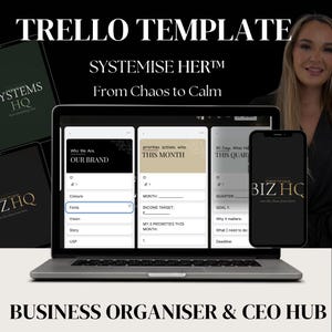 Peut inclure: Un ordinateur portable, une tablette et un smartphone affichent un modèle d'organisateur commercial. L'écran de l'ordinateur portable montre un modèle Trello avec des sections pour la marque, les priorités mensuelles et les objectifs trimestriels.