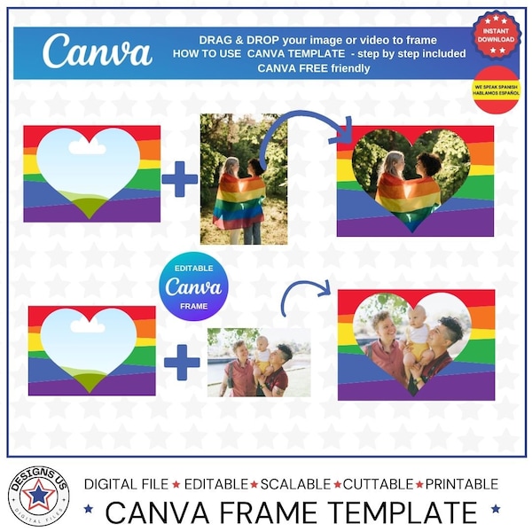 RAINBOW Heart Frame Canva Drag and Drop LGBT Love Portrait CANVA Template Photo Canva Free Friendly Shower Favor Bff Gift Family Portrait