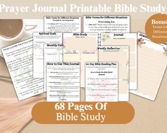 May include: A printable prayer journal with 68 pages for Bible study. The journal features floral illustrations and includes sections for spiritual goals, monthly faith, weekly reflection, and a 30-day Bible reading plan. The journal also includes Bible verses for different situations, such as strength and encouragement, overcoming fear, and gratitude.